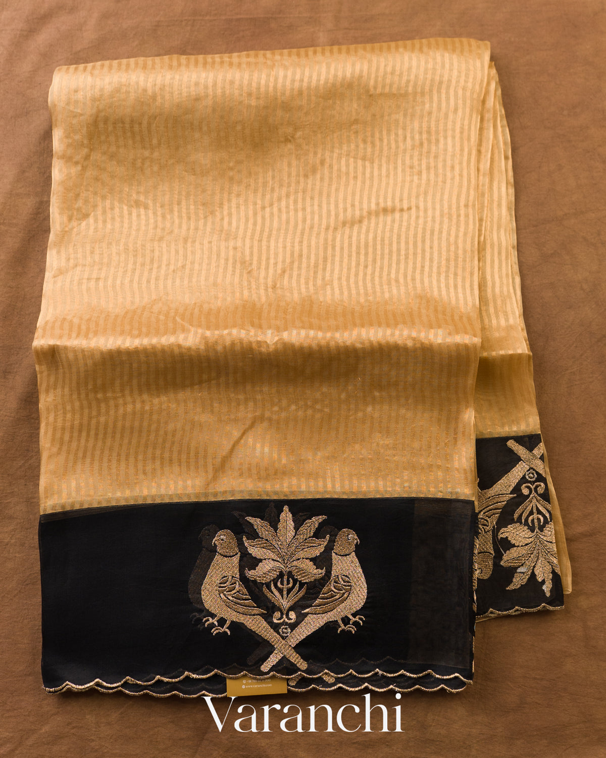 Cream Bird Embroidered Pure Kora Silk Saree — Full Saree
