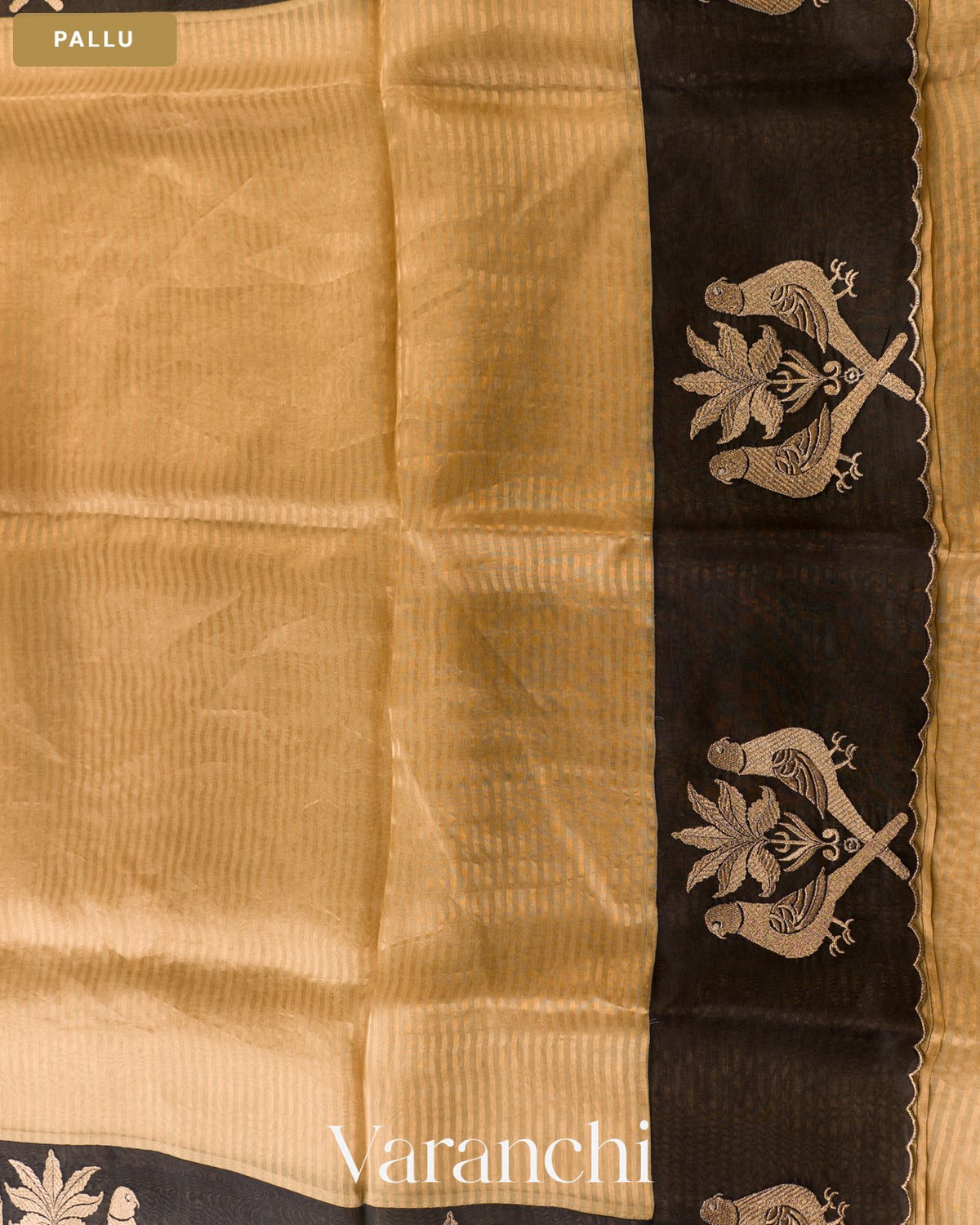 Cream Bird Embroidered Pure Kora Silk Saree — Pallu