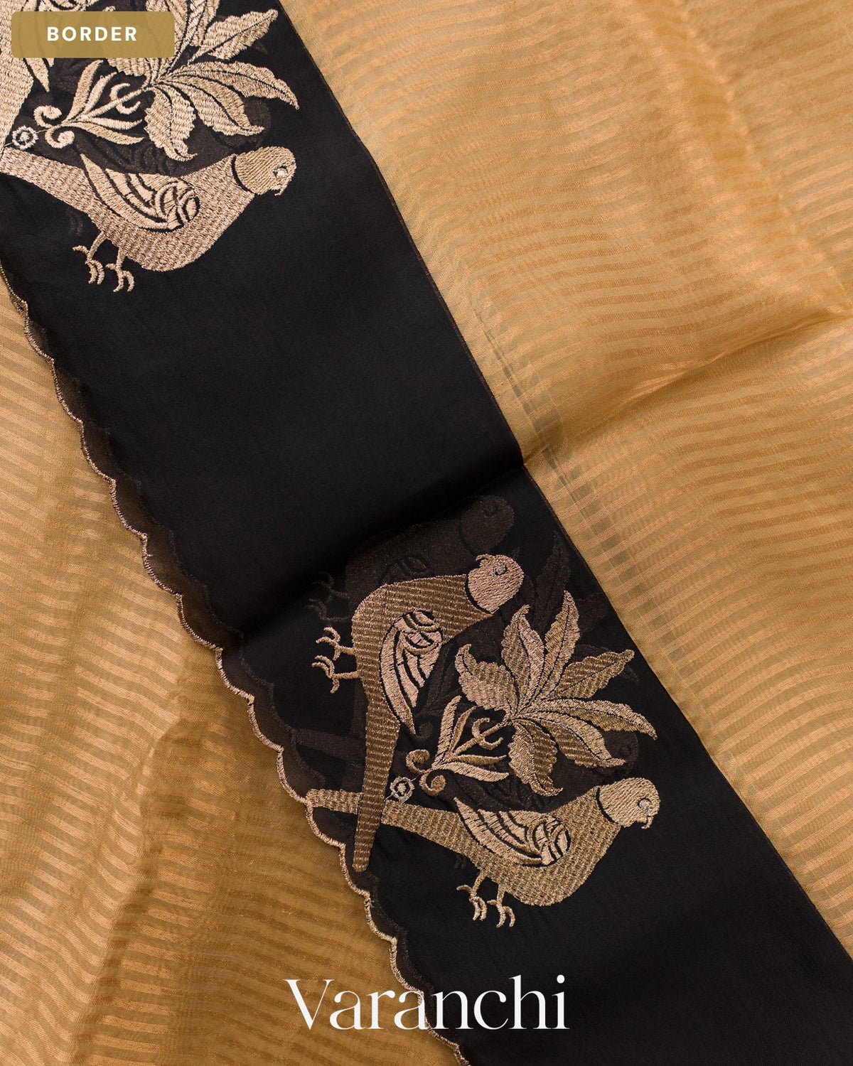 Cream Bird Embroidered Pure Kora Silk Saree — Border