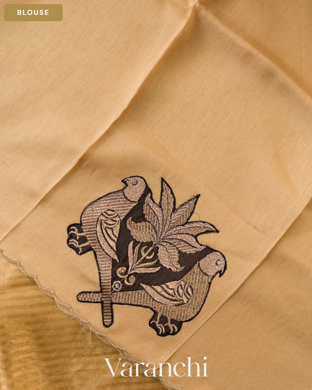 Cream Bird Embroidered Pure Kora Silk Saree — Blouse