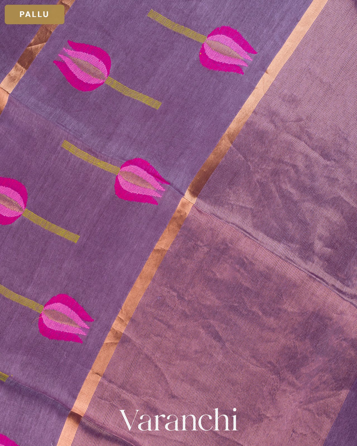 Light Violet Lotus Jamdani Pure Silk Linen Handloom Saree — Pallu