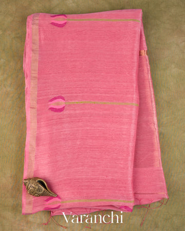 Rose Pink Lotus Jamdani Pure Silk Linen Handloom Saree — Full Saree