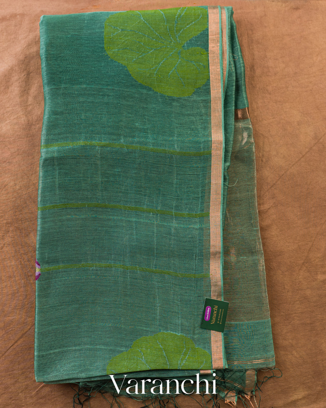 Sea Blue Lotus Jamdani Pure Silk Linen Handloom Saree — Full Saree