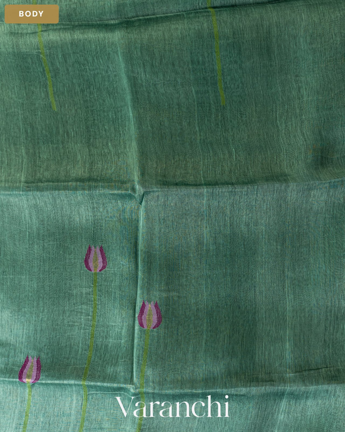 Sea Blue Lotus Jamdani Pure Silk Linen Handloom Saree — Body