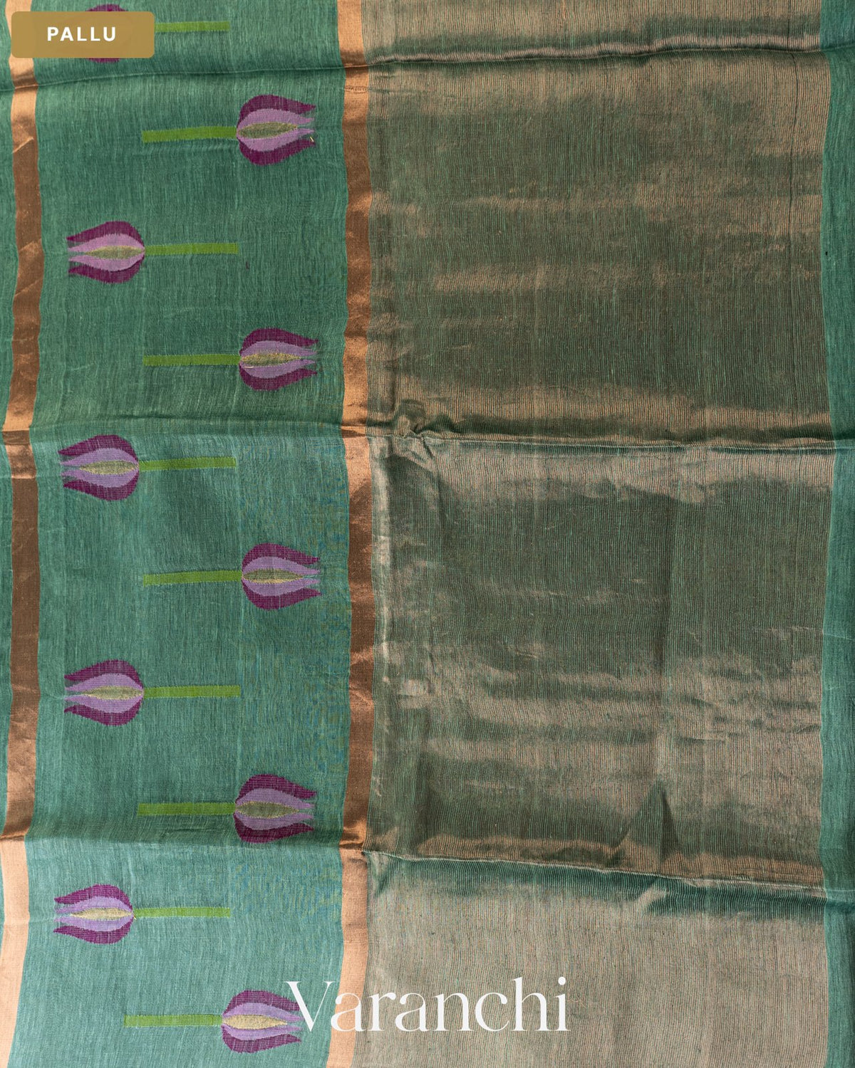 Sea Blue Lotus Jamdani Pure Silk Linen Handloom Saree — Pallu