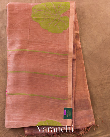 Coco Brown Lotus Jamdani Pure Silk Linen Handloom Saree — Full Saree