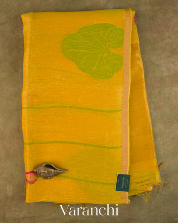 Bright Yellow Lotus Jamdani Pure Silk Linen Handloom Saree — Full Saree