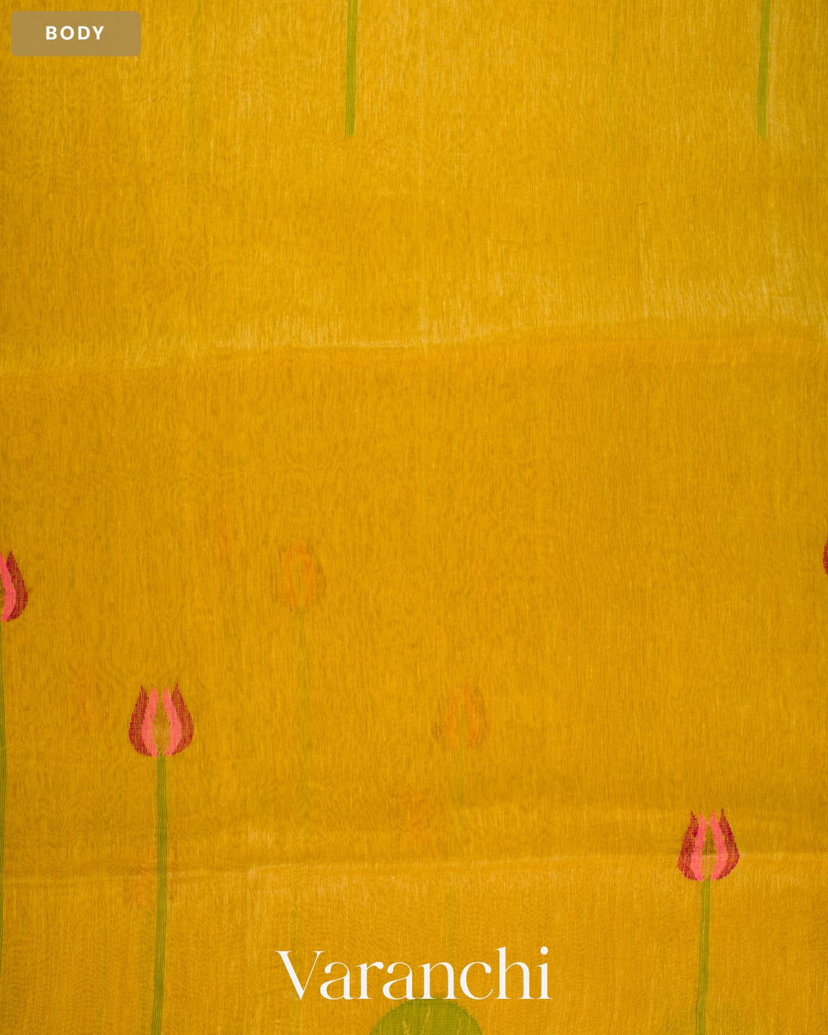 Bright Yellow Lotus Jamdani Pure Silk Linen Handloom Saree — Body