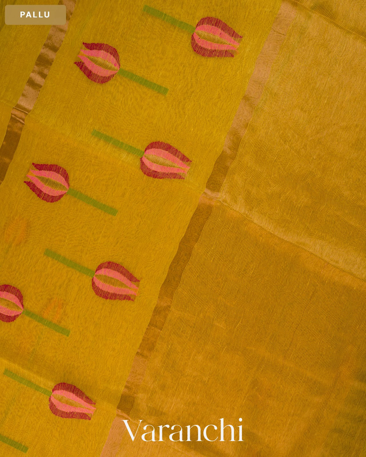 Bright Yellow Lotus Jamdani Pure Silk Linen Handloom Saree — Pallu