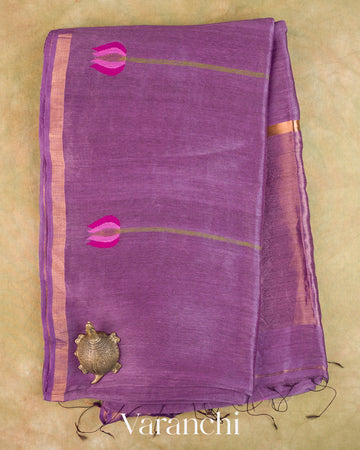Violet Lotus Jamdani Pure Silk Linen Handloom Saree — Full Saree