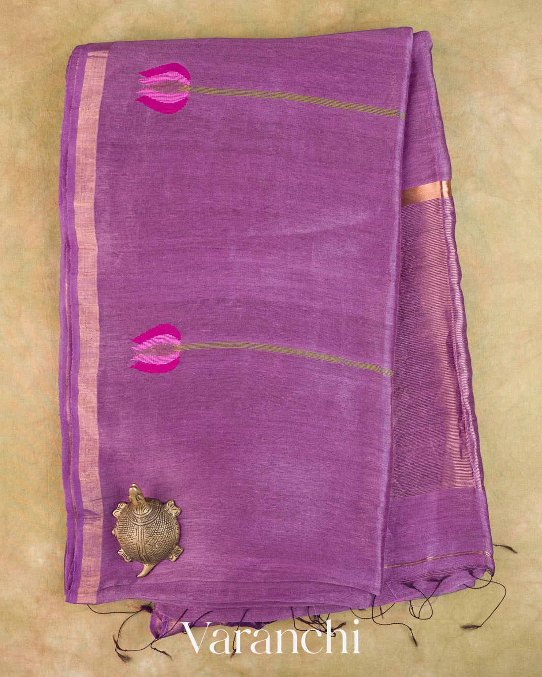 Violet Lotus Jamdani Pure Silk Linen Handloom Saree — Full Saree