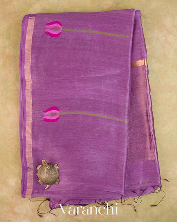 Violet Lotus Jamdani Pure Silk Linen Handloom Saree — Full Saree