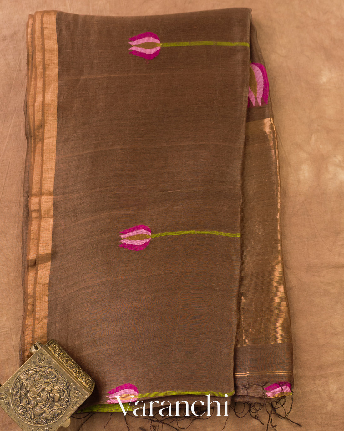 Coco Brown Lotus Jamdani Pure Silk Linen Handloom Saree — Full Saree