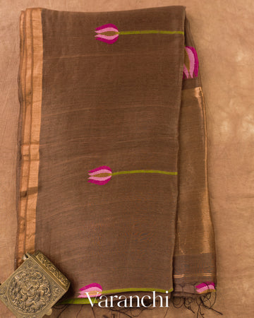 Coco Brown Lotus Jamdani Pure Silk Linen Handloom Saree — Full Saree
