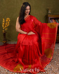 Rusty Red Jamdani Pure Silk Linen Handloom Saree — Draped