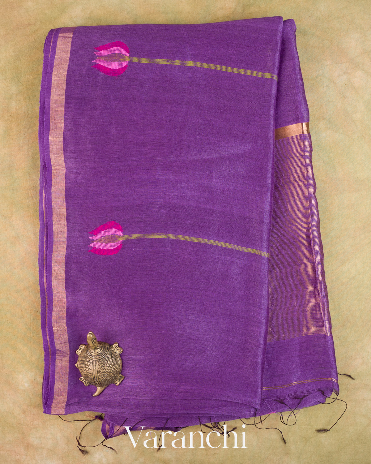 Violet Lotus Jamdani Pure Silk Linen Handloom Saree — Full Saree