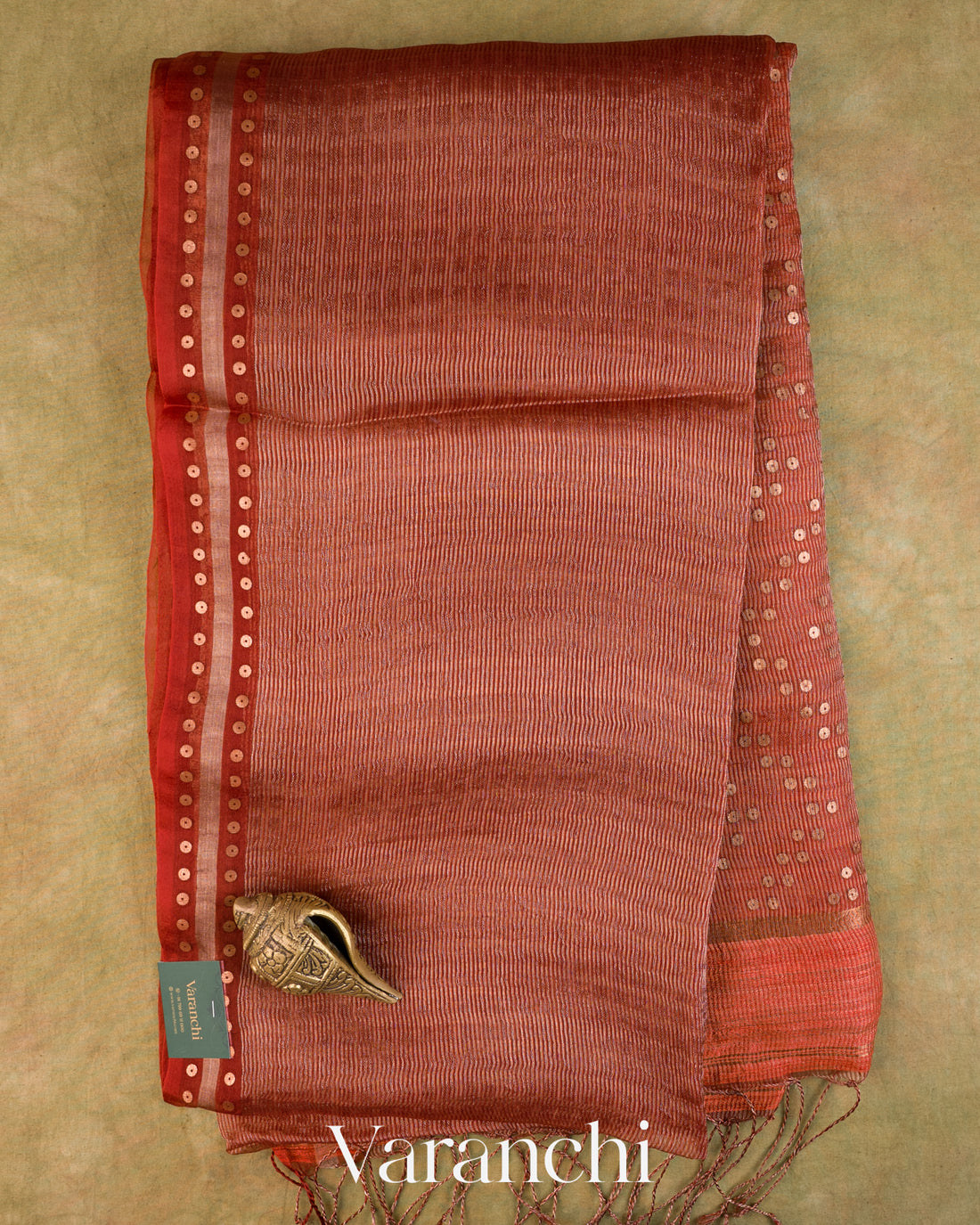 Rust Orange with Sequin Embroidery Pure Muslin Silk Handloom Saree — Full Saree