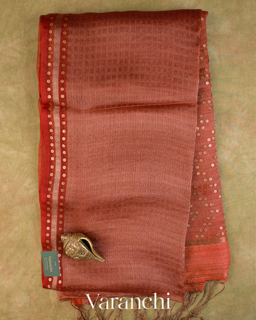Rust Orange with Sequin Embroidery Pure Muslin Silk Handloom Saree — Full Saree
