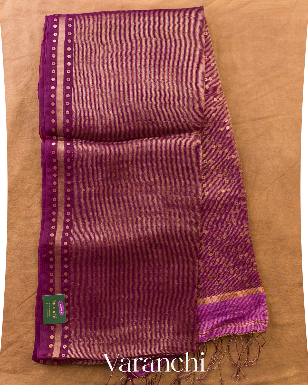 Violet Purple with Sequin Embroidery Pure Muslin Silk Handloom Saree — Full Saree