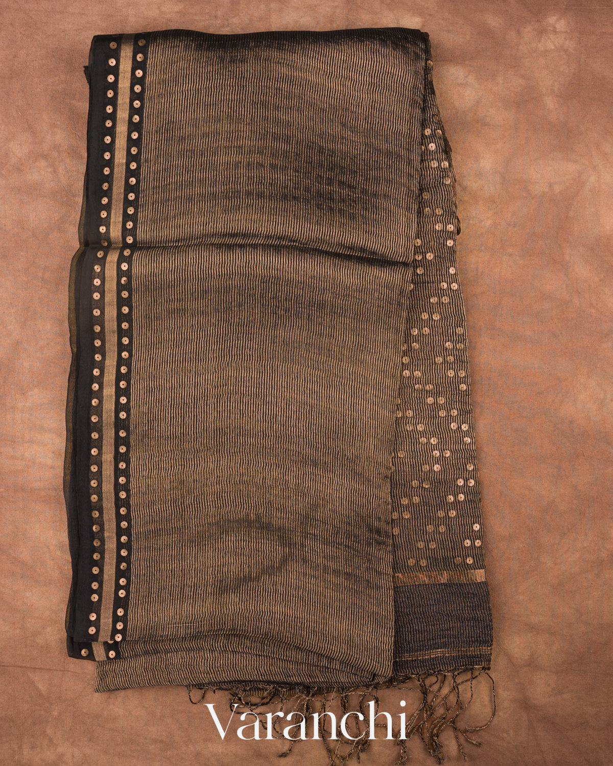 Black with Sequin Embroidery Pure Muslin Silk Handloom Saree — Full Saree