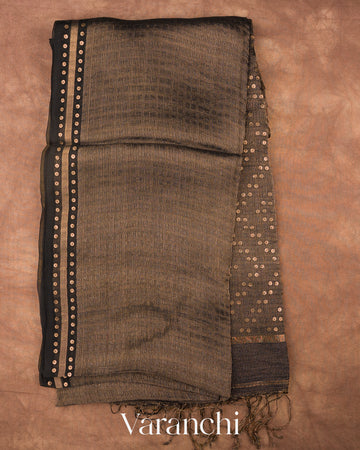 Black with Sequin Embroidery Pure Muslin Silk Handloom Saree — Full Saree