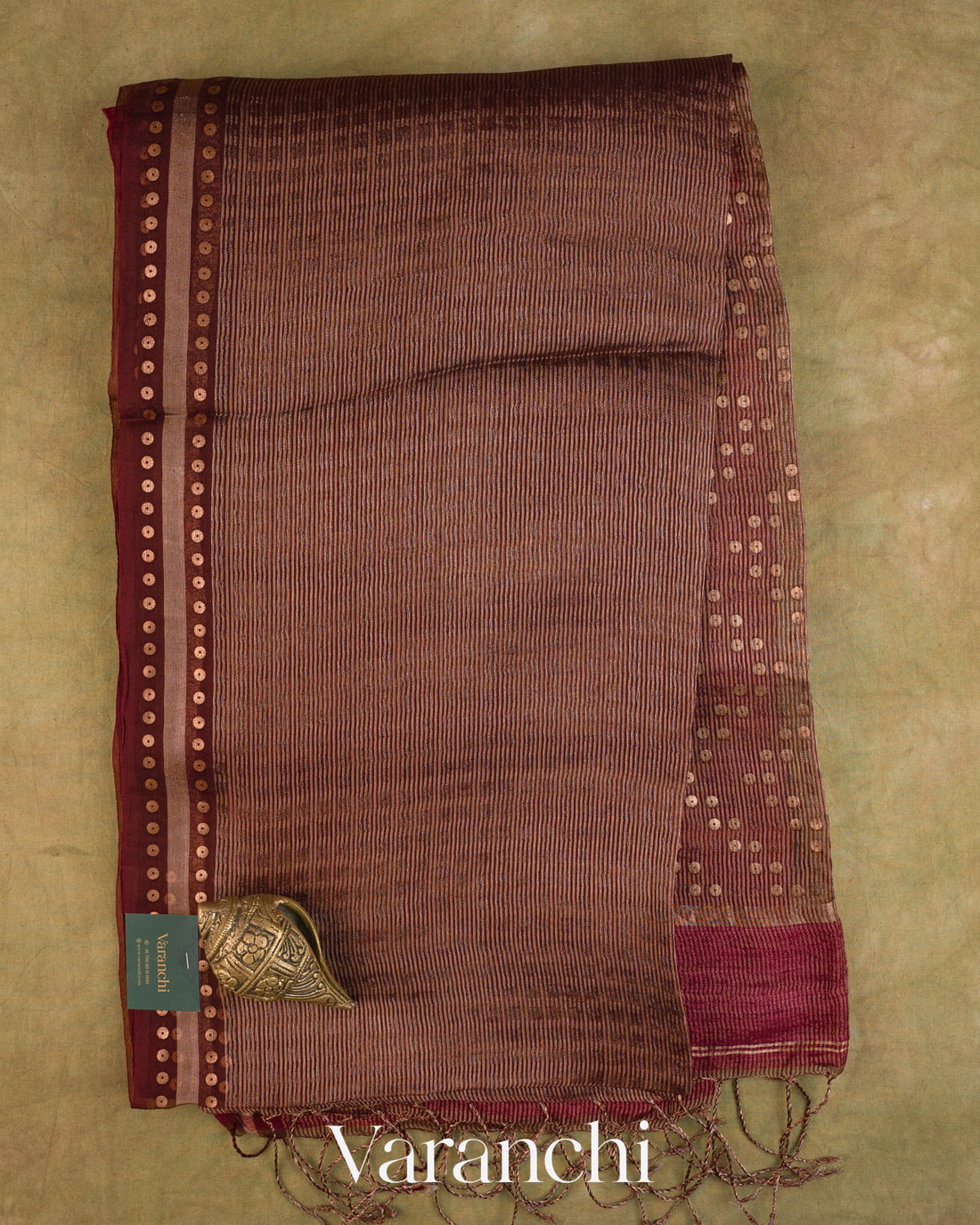 Wine Maroon with Sequin Embroidery Pure Muslin Silk Handloom Saree — Full Saree