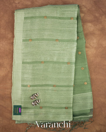 Sage Green Sequin Pure Matka Silk Handloom Saree — Full Saree