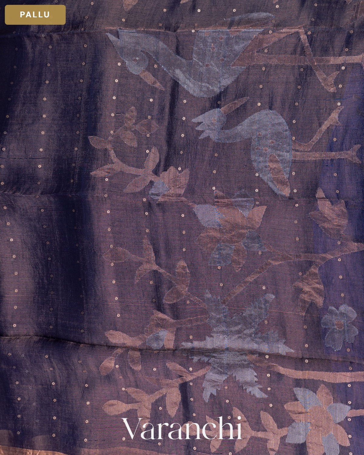 Sapphire Blue Sequin with Floral Jamdani Pure Muslin Silk Handloom Saree — Pallu