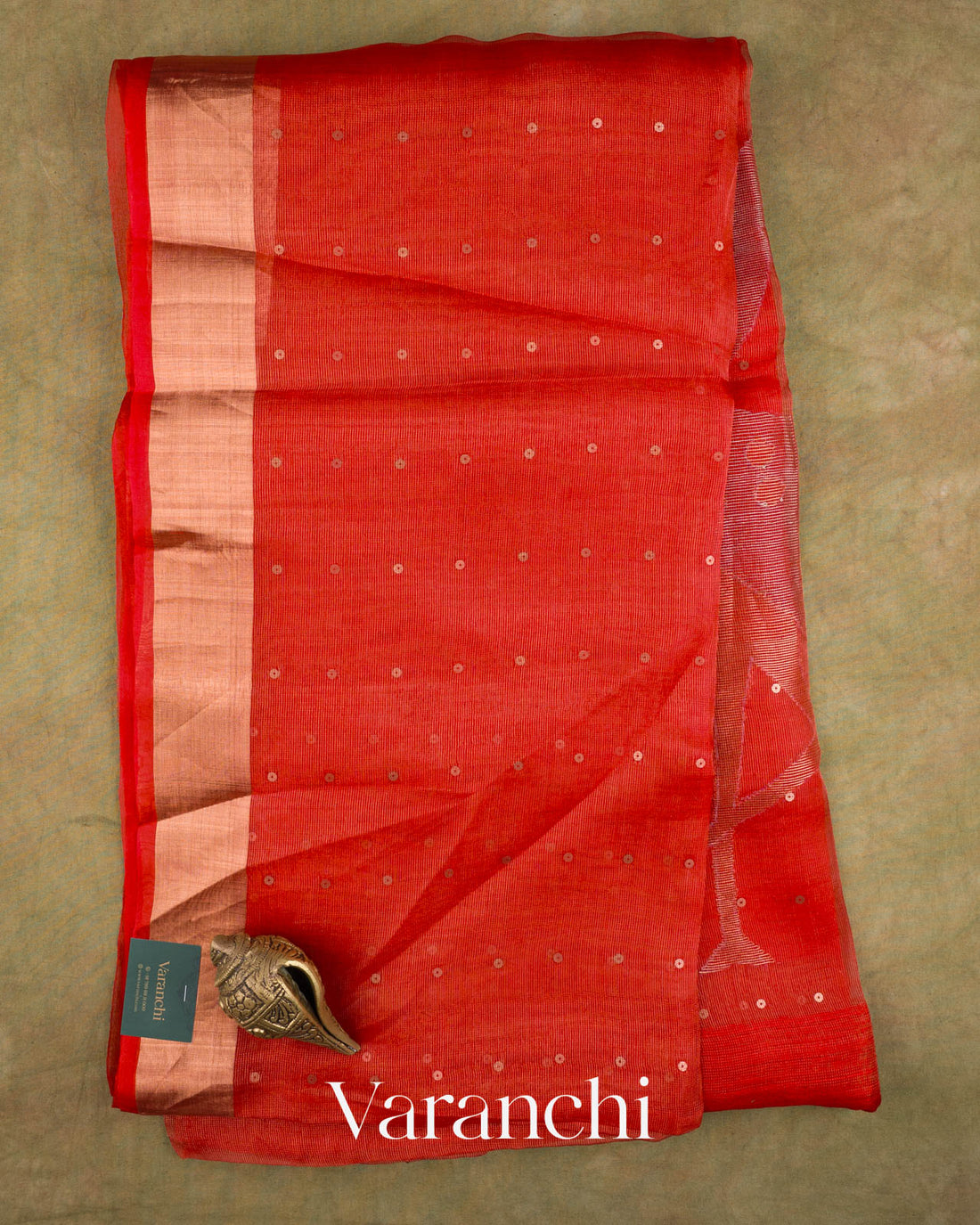 Vermilion Red Sequin Pure Muslin Silk Handloom Saree — Full Saree