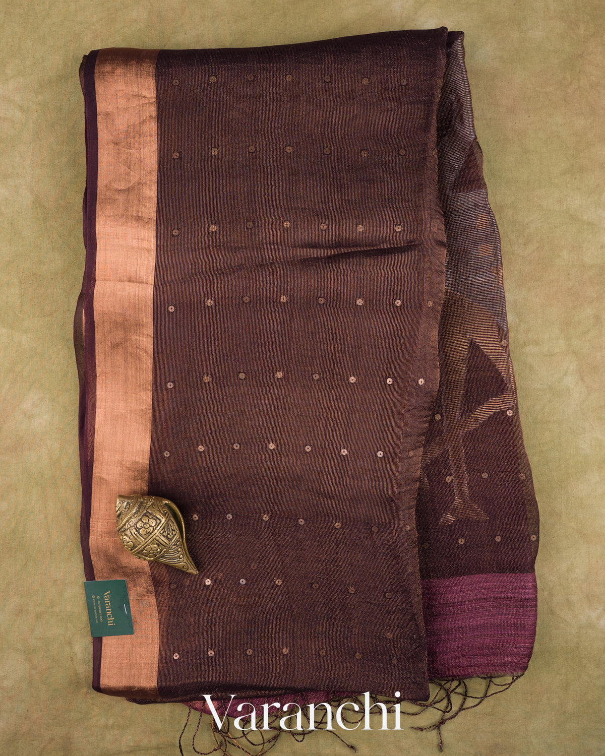 Coffee Brown Sequin with Jamdani Pure Muslin Silk Handloom Saree — Full Saree