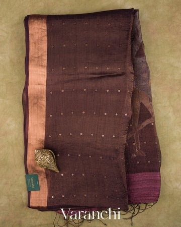 Coffee Brown Sequin with Jamdani Pure Muslin Silk Handloom Saree — Full Saree