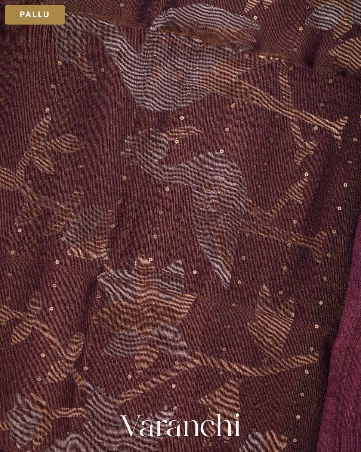 Coffee Brown Sequin with Jamdani Pure Muslin Silk Handloom Saree — Pallu