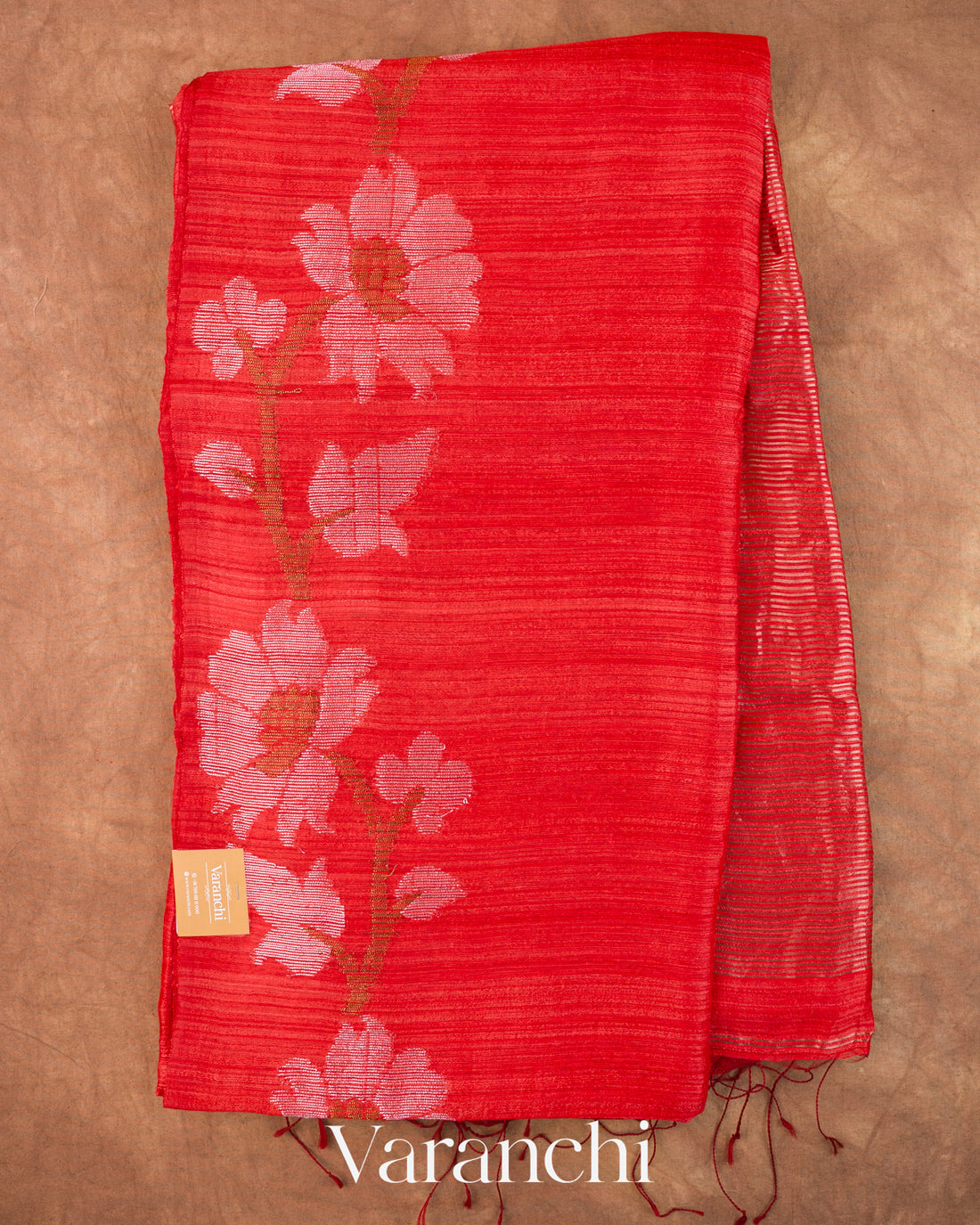 Tulip Red Jamdani Pure Mulberry Silk Handloom Saree — Full Saree