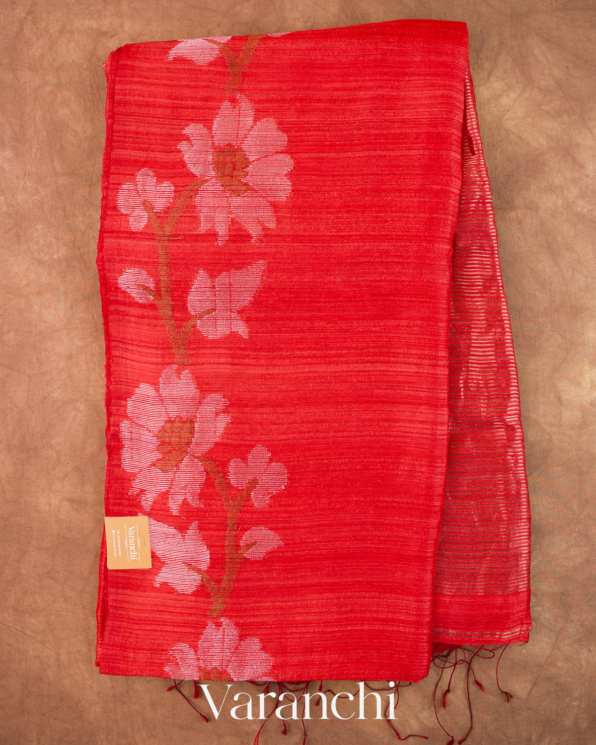 Tulip Red Jamdani Pure Mulberry Silk Handloom Saree — Full Saree
