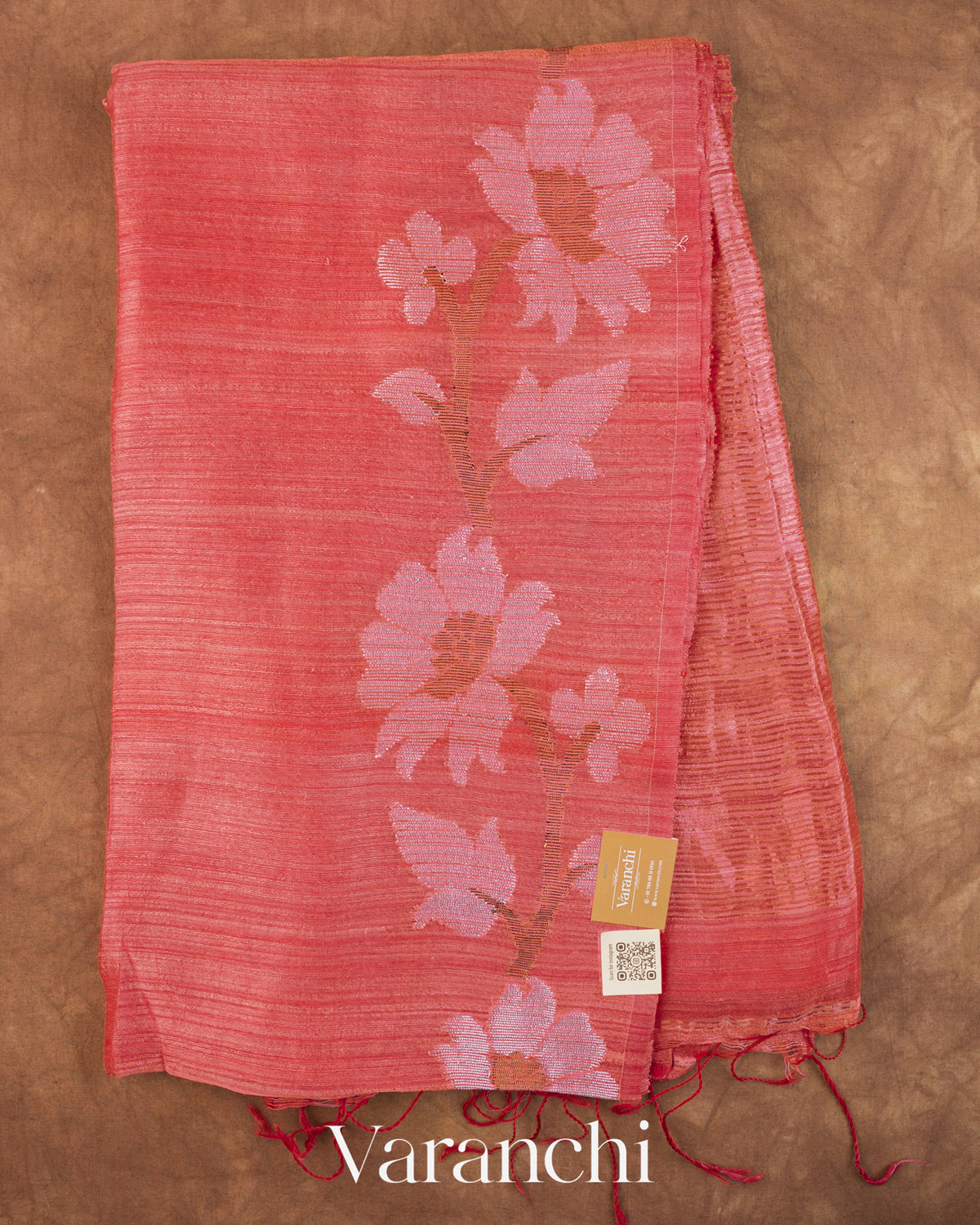 Peach Pink Floral Jamdani Pure Matka Silk Handloom Saree — Full Saree