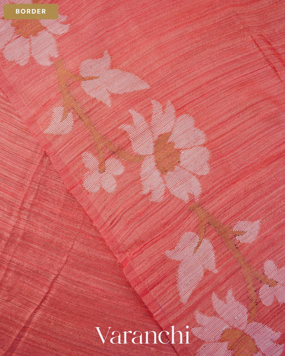Peach Pink Floral Jamdani Pure Matka Silk Handloom Saree — Border