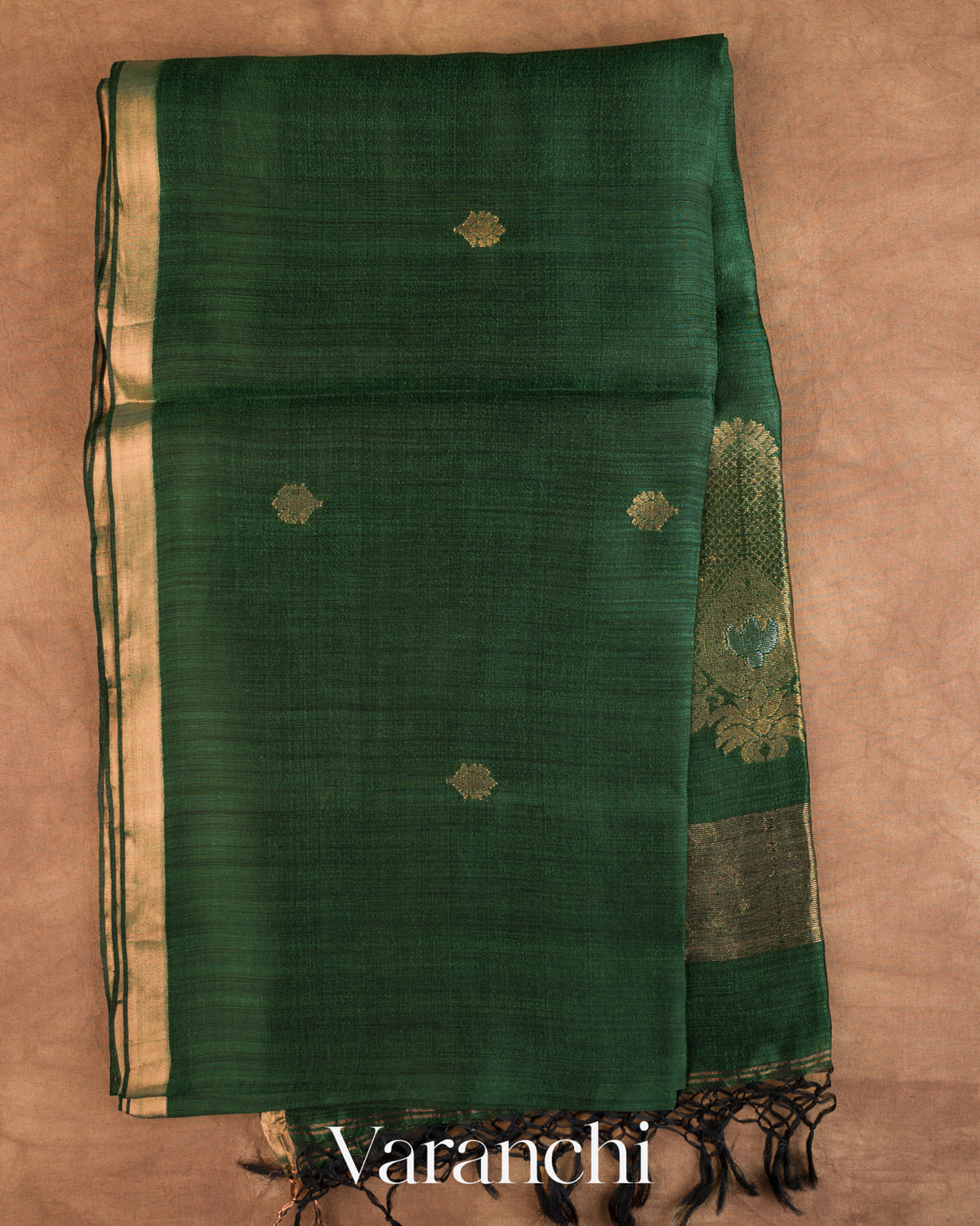 Dark Green Jamdani Pure Mulberry Silk Handloom Saree — Full Saree