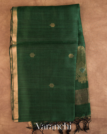 Dark Green Jamdani Pure Mulberry Silk Handloom Saree — Full Saree