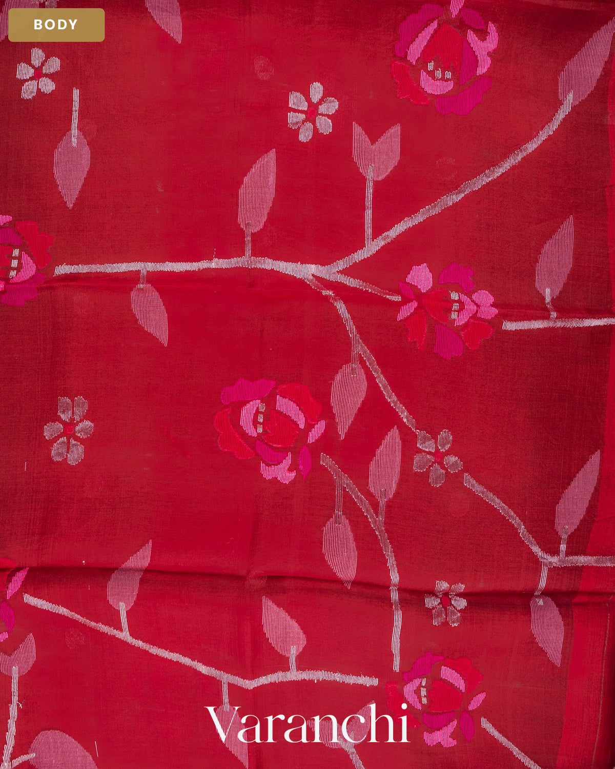 Crimson Red Jamdani Pure Muslin Silk Handloom Saree — Body