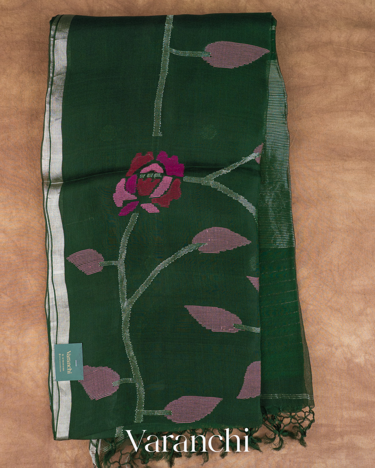 Forest Green Jamdani Pure Muslin Silk Handloom Saree — Full Saree
