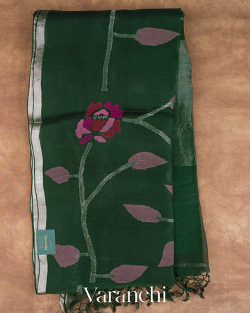 Forest Green Jamdani Pure Muslin Silk Handloom Saree — Full Saree