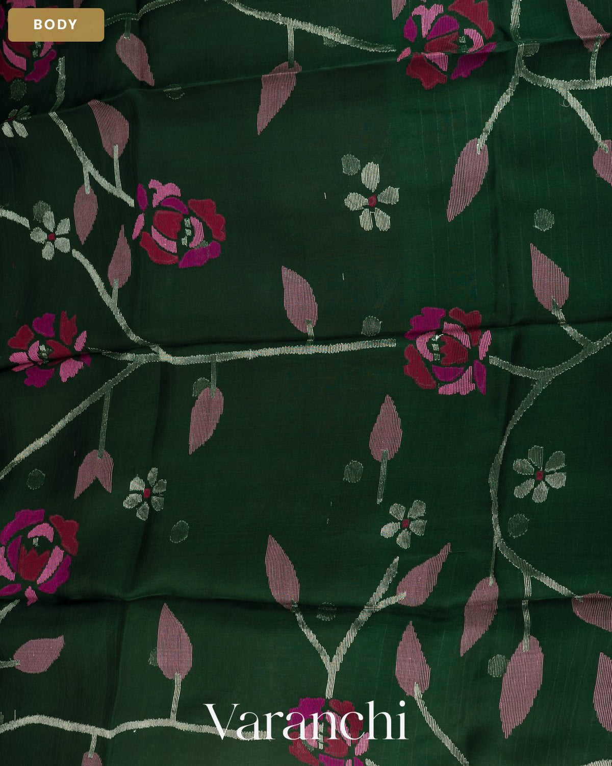 Forest Green Jamdani Pure Muslin Silk Handloom Saree — Body