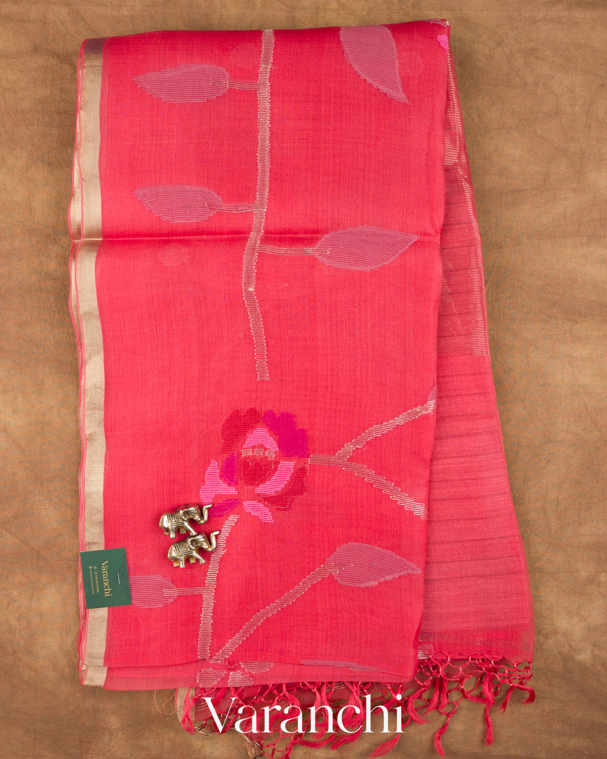 Pink Peach Jamdani Pure Muslin Silk Handloom Saree — Full Saree
