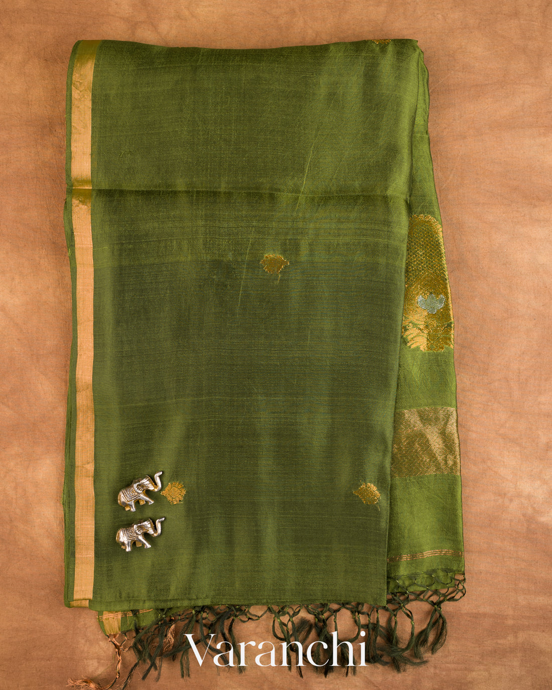 Leafy Green Jamdani Pure Mulberry Silk Handloom Saree — Full Saree
