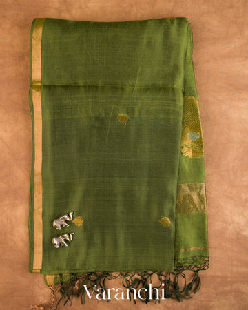 Leafy Green Jamdani Pure Mulberry Silk Handloom Saree — Full Saree