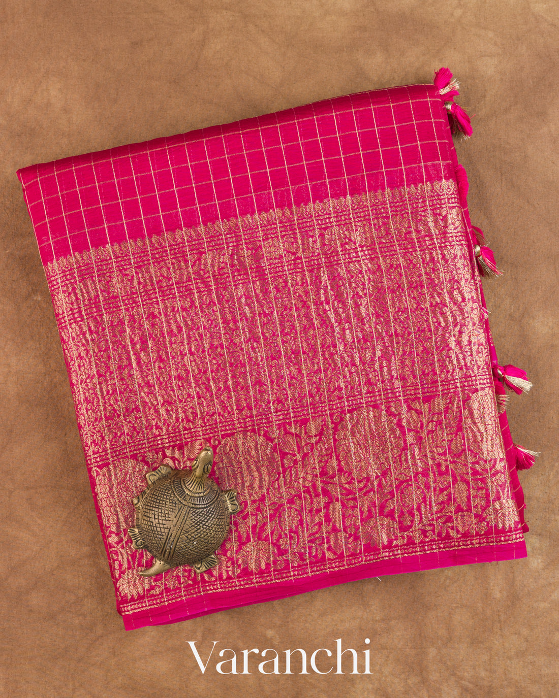 Rani Pink Checkered Pure Crush Kora Silk Saree — Folded