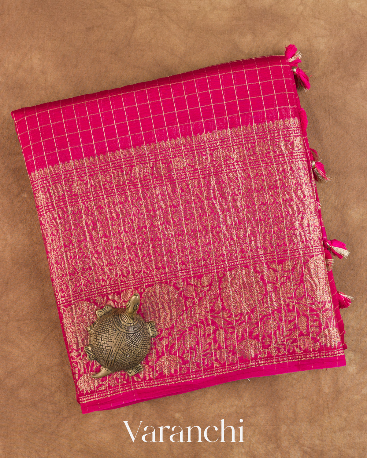 Rani Pink Checkered Pure Crush Kora Silk Saree — Folded