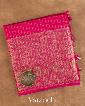 Rani Pink Checkered Pure Crush Kora Silk Saree — Folded