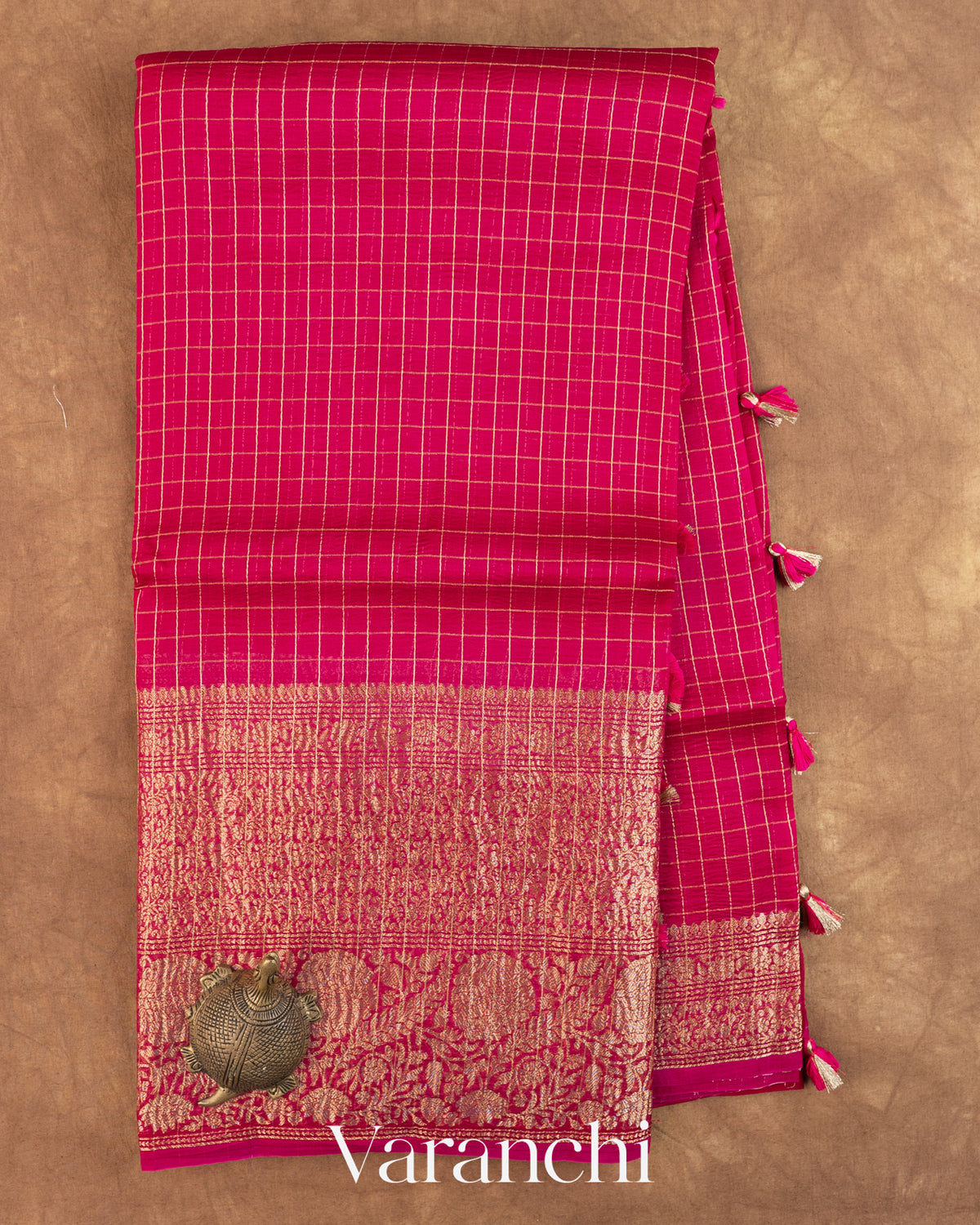Rani Pink Checkered Pure Crush Kora Silk Saree — Full Saree