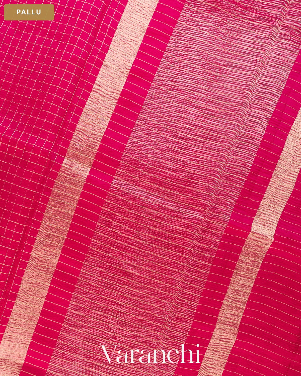 Rani Pink Checkered Pure Crush Kora Silk Saree — Pallu